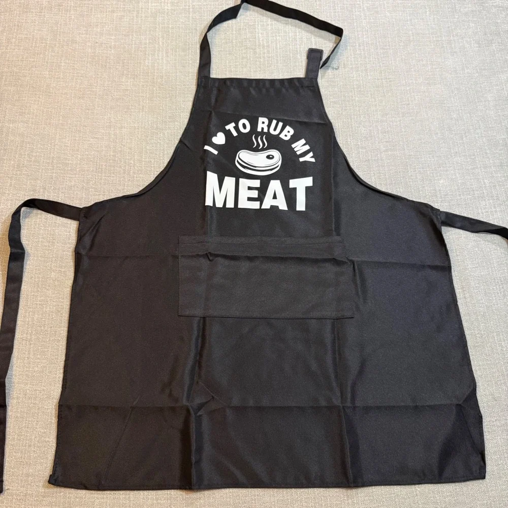 Funny BBQ Apron I Love To Rub My Meat Black Grilling Chef Apron with Pocket NEW